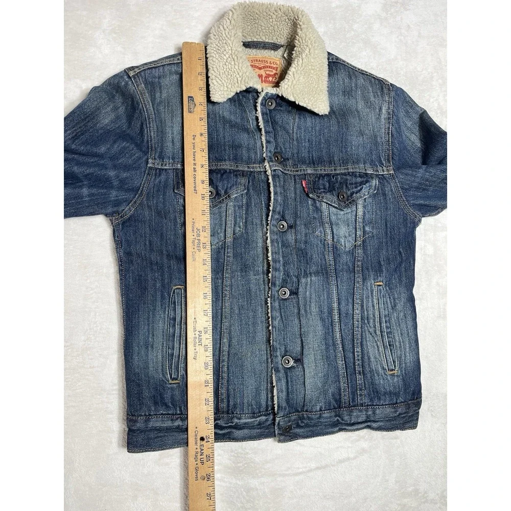 Levi Strauss & Co Mens Sherpa Lined Denim Trucker Jacket Blue Size Small S FADE